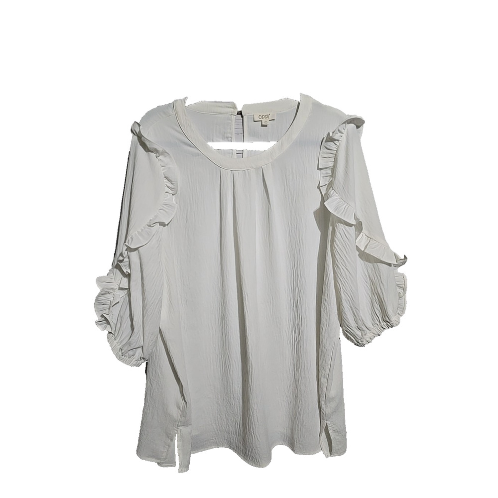 ODDI White Crew Neck Ruffle Crinkle 3/4‎ Sleeve Boho Tunic Top Womans Size 1x